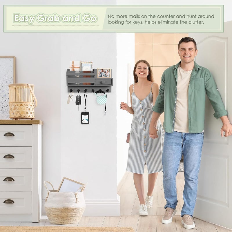 VIS'V Key Holder Wall Mount, Wooden Mail and Key Organizer with Drawer and Shelf, 2 Slots, 6 Hooks, Grey - Image 5